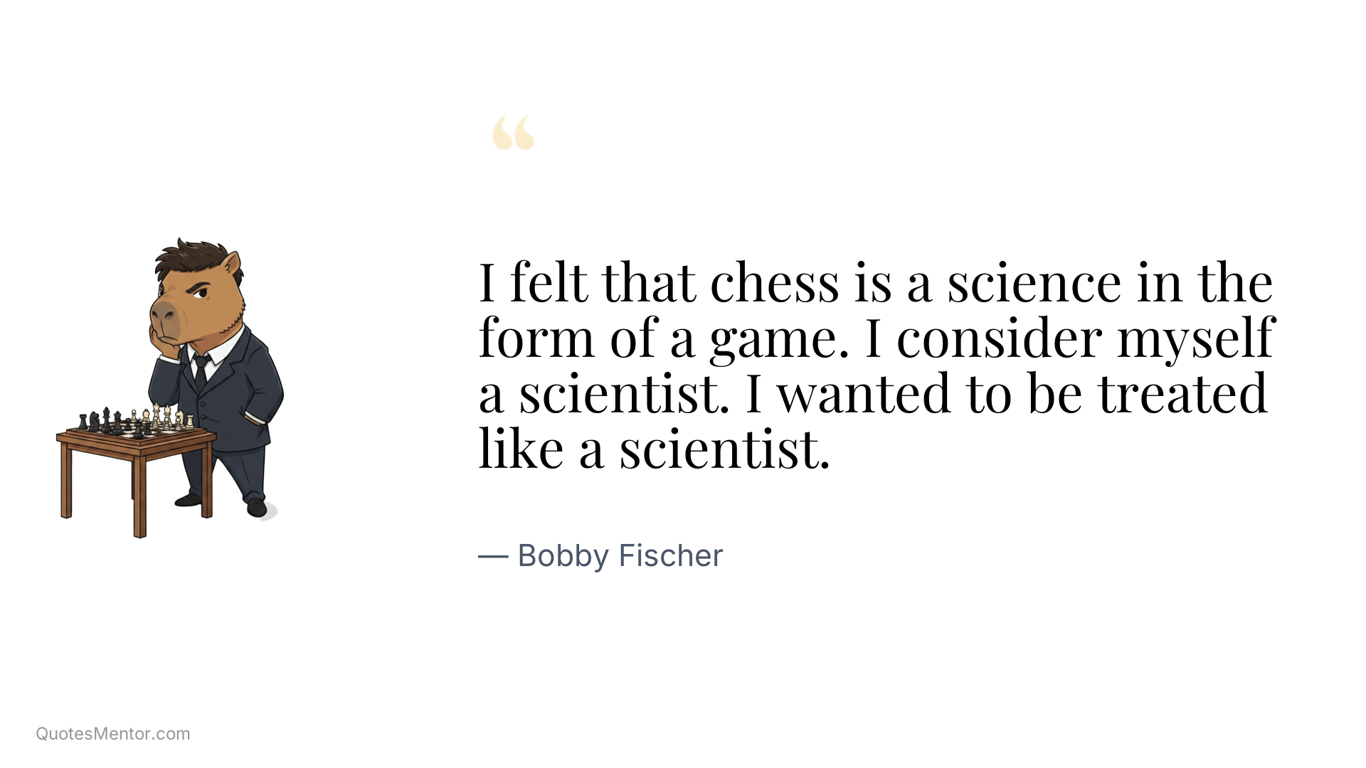 I felt that chess is a science in the form of a game. I consider myself a scientist. I wanted to be treated like a scientist. - Bobby Fischer