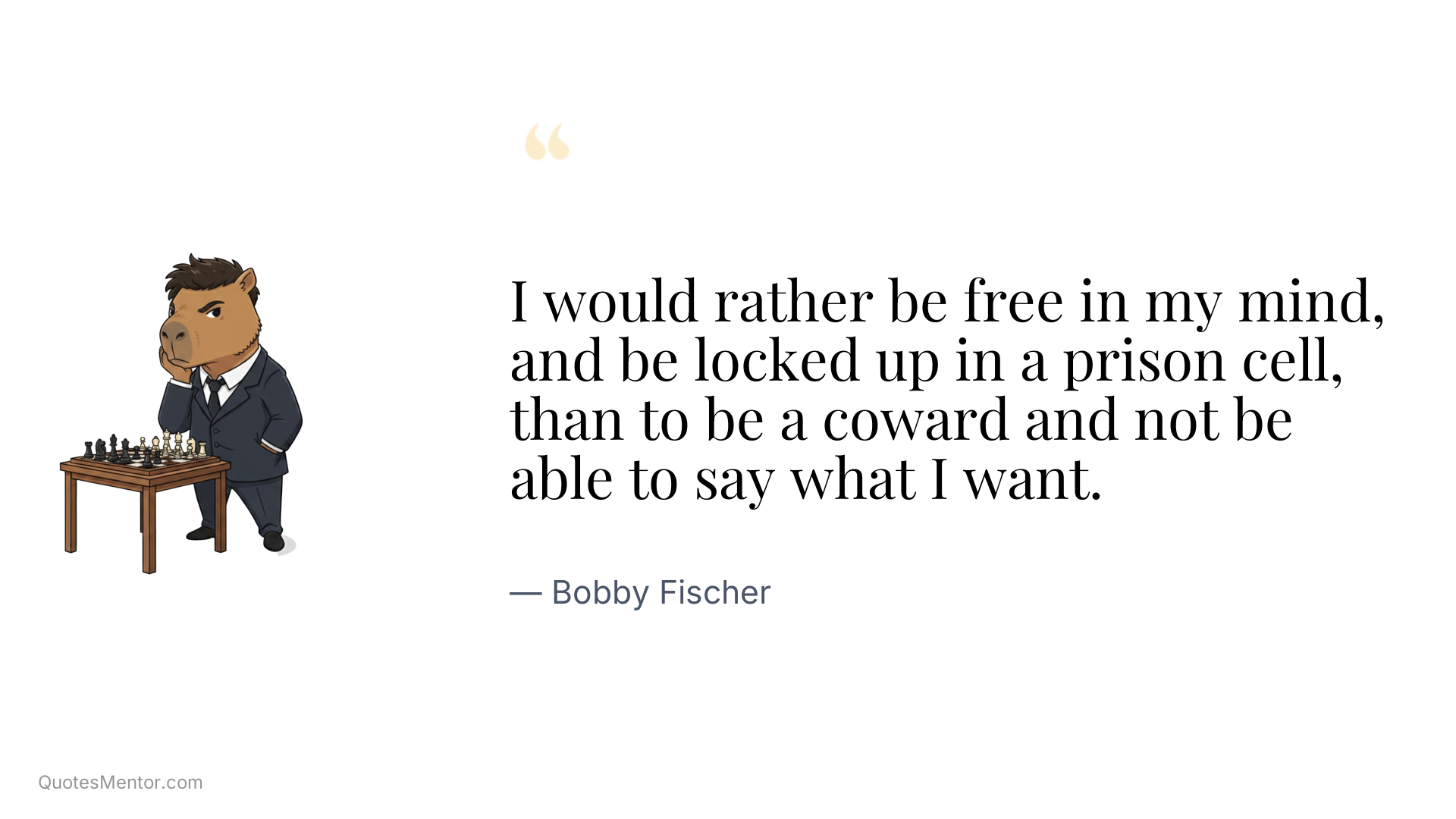 I would rather be free in my mind, and be locked up in a prison cell, than to be a coward and not be able to say what I want. - Bobby Fischer