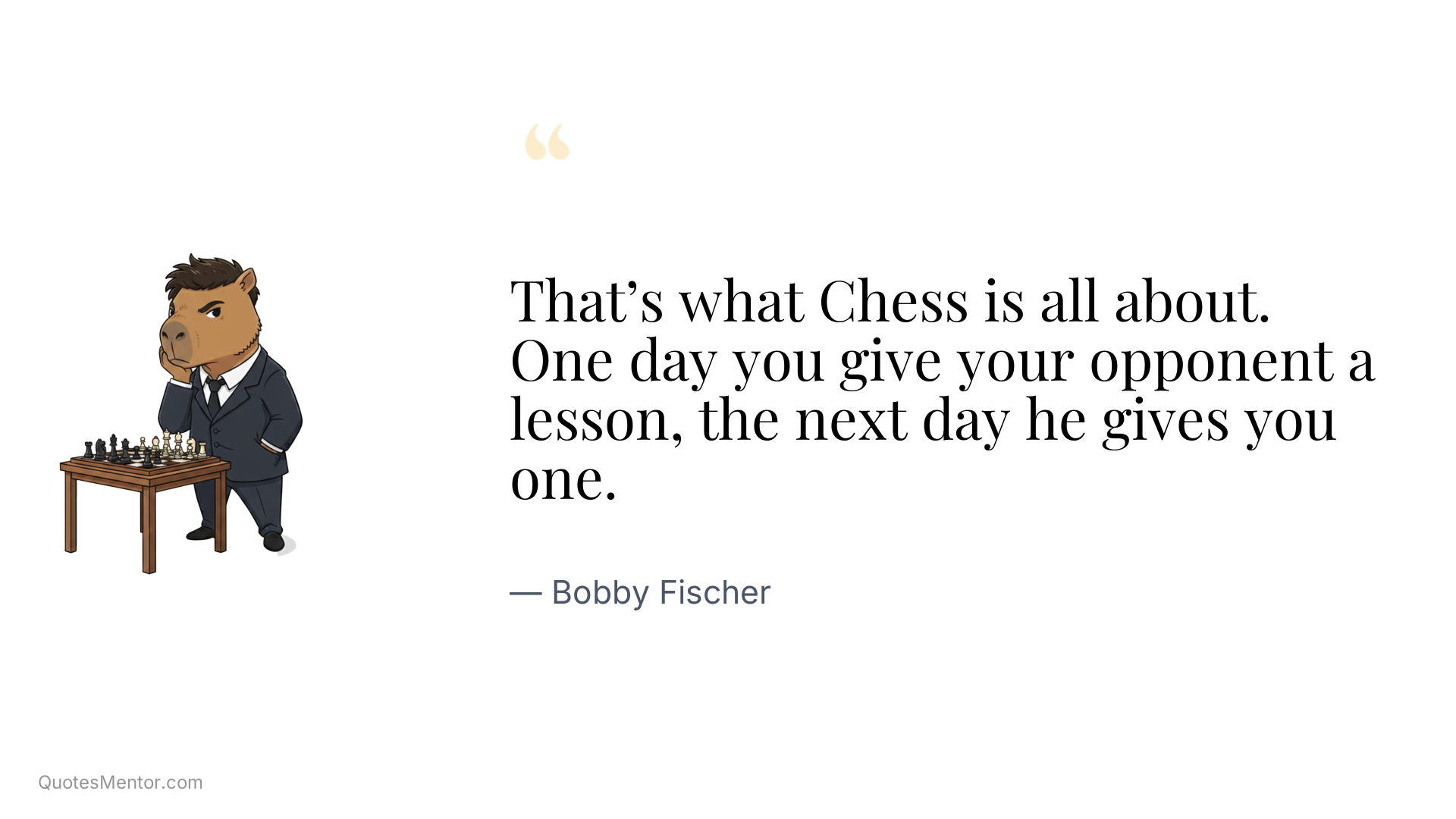 That’s what Chess is all about. One day you give your opponent a lesson, the next day he gives you one. - Bobby Fischer