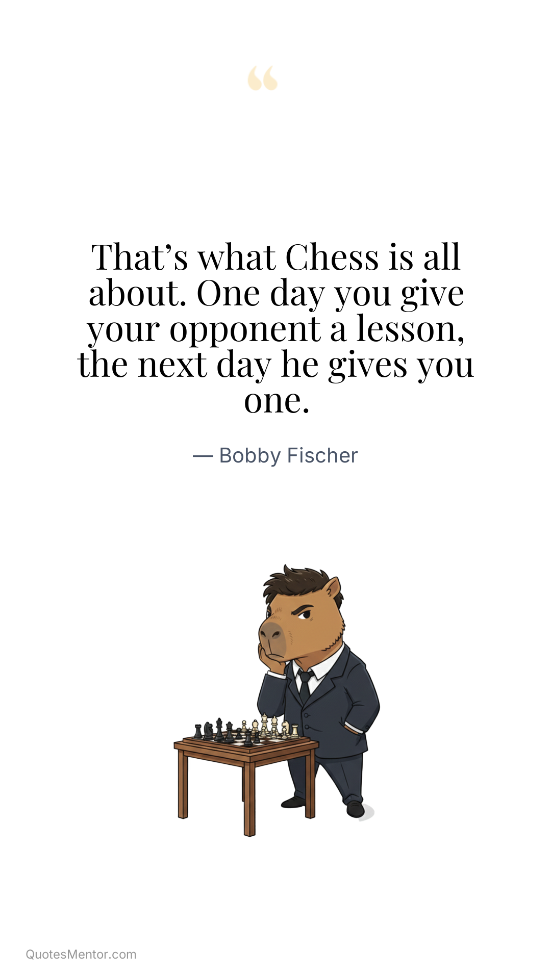 That’s what Chess is all about. One day you give your opponent a lesson, the next day he gives you one. - Bobby Fischer