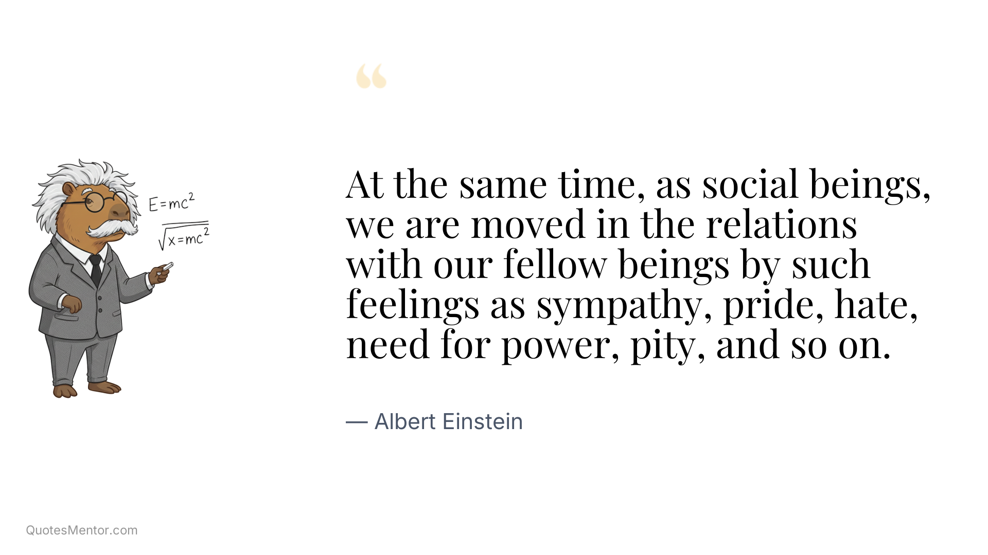 At the same time, as social beings, we are moved in the relations with our fellow beings by such feelings as sympathy, pride, hate, need for power, pity, and so on. - Albert Einstein